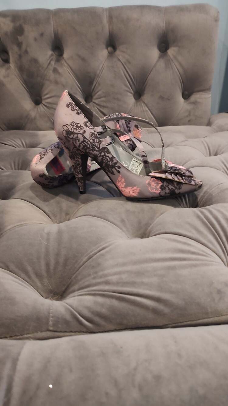 Rocket Dog Octane Grey Floral Satin Double Strap Peep Toe Heels, 7